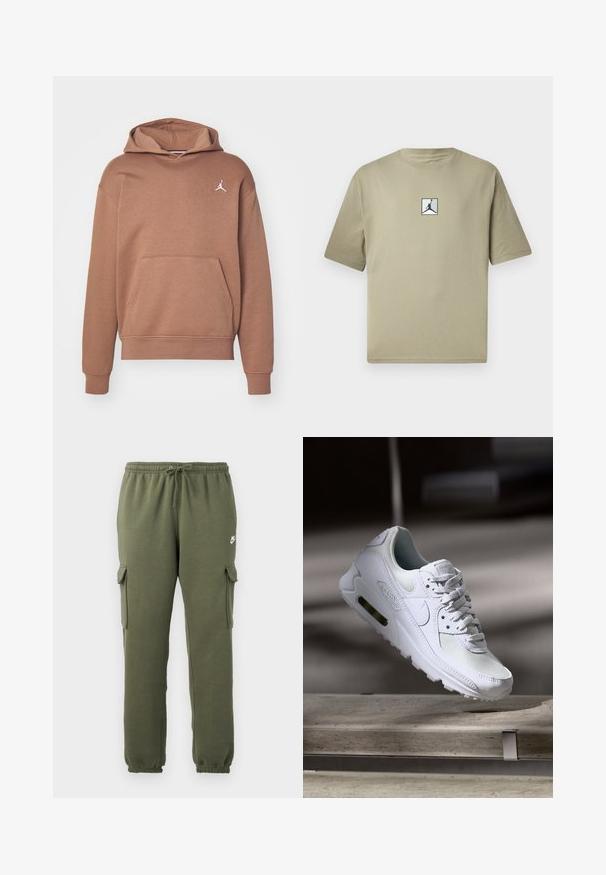 Hanorac maro dintr-un material moale, cu un buzunar tip cangur, manșete cu nervuri și un logo Jumpman alb pe piept.; Tricou din bumbac khaki, cu mâneci scurte, având un mic logo negru Jordan într-un pătrat alb pe față. Design simplu și croială lejeră.; Pantaloni cargo verde măsliniu, cu talie elastică, închidere cu șnur, buzunare laterale și logo de marcă pe coapsă. Material dintr-un amestec de bumbac neted.; Adidașii Nike Air Max 90 albi, având un superior din plasă și piele, cutie pentru degete perforată și o unitate de aer vizibilă în călcâie.