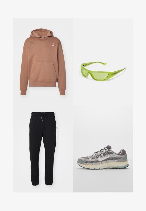 Brauner Hoodie aus weichem Material, ausgestattet mit einer Kängurutasche, gerippten Bündchen und einem weißen Jumpman-Logo auf der Brust.; Schwarze Jogginghose mit elastischem Bund und verstellbarem Kordelzug, mit umgekrempelten Knöcheln und einem dezenten Logo an der Seite.; Grauer Sportschuh mit einem Obermaterial aus Mesh und Wildleder, weißen Akzenten, einer gepolsterten Sohle und einem charakteristischen Design mit reflektierenden Elementen.; Grüne Sonnenbrille mit einem eleganten, umschließenden Design. Hergestellt aus leichtem Kunststoff, mit getönten Gläsern und dezentem Branding an den Bügeln.; Dreischichtige Halskette aus Silbermetall mit schlanken, flexiblen Ketten mit leichtem Glanz, gesichert mit einem Karabinerverschluss und verstellbarer Kette.