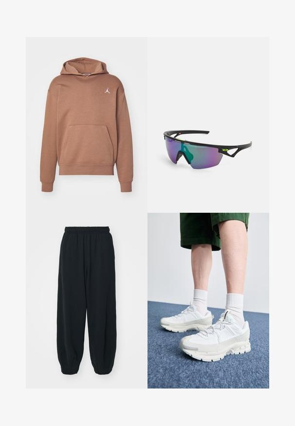 Hoodie marrone realizzato in tessuto morbido, con tasca a marsupio, polsini a costine e logo Jumpman bianco sul petto.; Pantaloni da jogging neri con vita elasticizzata, dalla vestibilità morbida, caviglie a costina, texture liscia e senza motivi visibili o dettagli in metallo.; Scarpe da ginnastica bianche con sovrapposizioni testurizzate, suola spessa e accenti grigi. Indossate con calze corte bianche e pantaloni corti verdi su una superficie blu.; Occhiali da sole sportivi con montatura nera, grandi lenti a gradiente con sfumature viola e verdi, e dettagli di design angolari con logo.