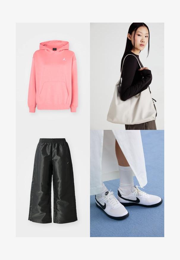 Rozā kapucītes krekls ar priekšējo kabatu, ribotiem piedurknēm un apakšmalu. Uz krūtīm ir balts logo. Maiga auduma ar gludu tekstūru.; Melnas sporta bikses ar spīdīgu, gludu audumu, aprīkotas ar elastīgu jostu, platām kājām un mazu logotipu kreisajā pusē.; Baltas Nike apavi ar melniem akcentiem, kas izgatavoti no gludas ādas, baltām auklām un izturīgiem gumijas zoleiem, savienoti ar baltām ribotām zeķēm.; Bežs rokassoma, izgatavota no mīksta materiāla, ar brīvu dizainu, izšūtu apdari un divām plecu siksnām. Piemērota ikdienas lietošanai.