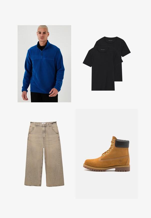 Niebieski polarowy pulower z ćwierć zamkiem z przodu, długimi rękawami i gładką fakturą. Posiada kontrastową wstawkę na klatce piersiowej.; Dwie czarne bawełniane koszulki z krótkimi rękawami, okrągłymi dekoltami i gładką fakturą, wyeksponowane ułożone jedna na drugiej.; PULL&BEAR - Jeansy baggy; Beżowe zamszowe botki sięgające kostki z czarną wyściełaną krawędzią, złotymi oczkami, białymi detalami szycia oraz wytrzymałą gumową podeszwą z wyraźnym bieżnikiem.