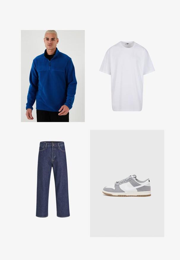 Niebieski polarowy pulower z ćwierć zamkiem z przodu, długimi rękawami i gładką fakturą. Posiada kontrastową wstawkę na klatce piersiowej.; Biała bawełniana koszulka z krótkimi rękawami, okrągłym dekoltem, luźnym krojem i bez widocznych logo lub wzorów. Gładka tekstura i minimalistyczny design.; Granatowe dżinsy o prostym kroju, z pięcioma kieszeniami, metalowym zapięciem na guzik i kontrastowym przeszyciem, z delikatną fakturą.; Sneakersy Nike mają szarą cholewkę z zamszu i białej skóry z perforacjami, okrągłe sznurowadła oraz gumową podeszwę zapewniającą przyczepność.