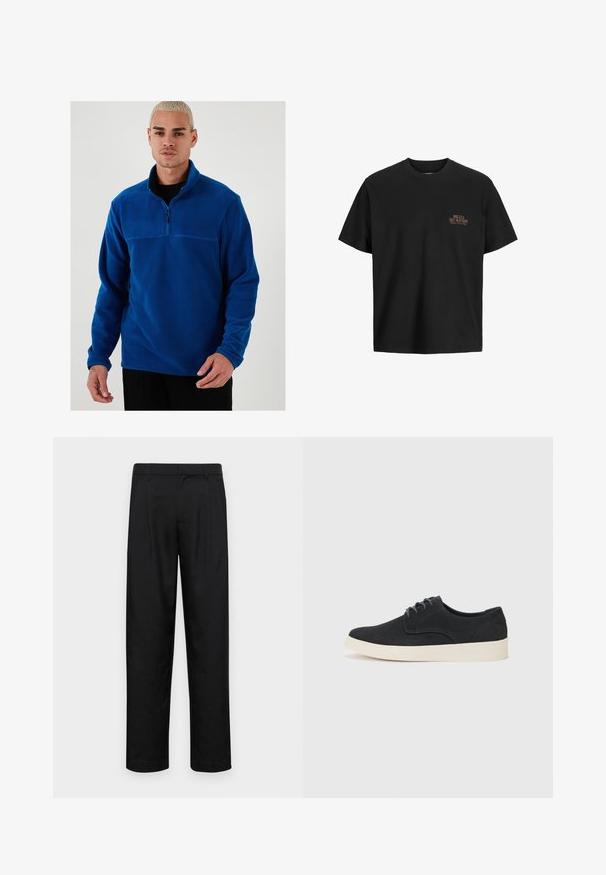 Zils vilnas džemperis ar ceturtdaļas rāvējslēdzēju priekšā, garām piedurknēm un gludu tekstūru. Iespaidīgs kontrastējošs panelis krūtīs.; Melna kokvilnas t-krekls ar brīvu piegriezumu, apaļo kakla izgriezumu un īsām piedurknēm. Tam ir neliels, teksturēts grafisks attēls oranžā krāsā kreisajā krūtīs.; Melnas bikses, izgatavotas no gludas auduma, ar taisnu kāju dizainu, divām priekšējām krokām un standarta jostu, kurai ir āķi.; Melna zamšā ar auklēm, ar noapaļotu purngalu, viegla krēmkrāsas zole un smalki zila šuvēšana akcentos augšējā daļā.