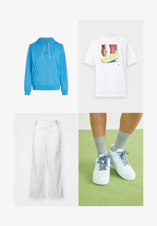 Blå hoodie lavet af blødt stof med en frontlomme, snoretræk i hætten og et lille indbroderet logo. Ribbet manchetter og kant.; Hvid bomulds t-shirt med et grafisk motiv af fødder i gule Nike støvler med blå accenter, parret med et armbånd på venstre håndled.; Hvide brede bukser lavet af bomuld, med en glat overflade, lige pasform, forlommer og en ren kant.; Hvide lædersneakers med blå accenter, perforeret tådesign og teksturerede blå-hvide snørebånd, båret med grå ribbede sokker.