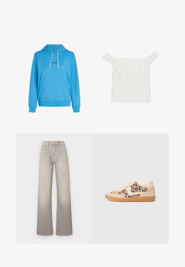 Sweat à capuche bleu en tissu doux, avec une poche avant, un cordon de serrage pour la capuche et un petit logo brodé. Poignets et ourlet côtelés.; Haut blanc à épaules dénudées avec des accents volantés, une texture froncée et une taille élastique. Fabriqué en doux coton.; Jean large gris avec une finition délavée, fermeture à bouton, design à cinq poches et coutures conçues le long des coutures.; Baskets en imprimé léopard avec tige en suède beige, semelle en caoutchouc tan et accents blancs. Bout rond et design à lacets avec une finition texturée.