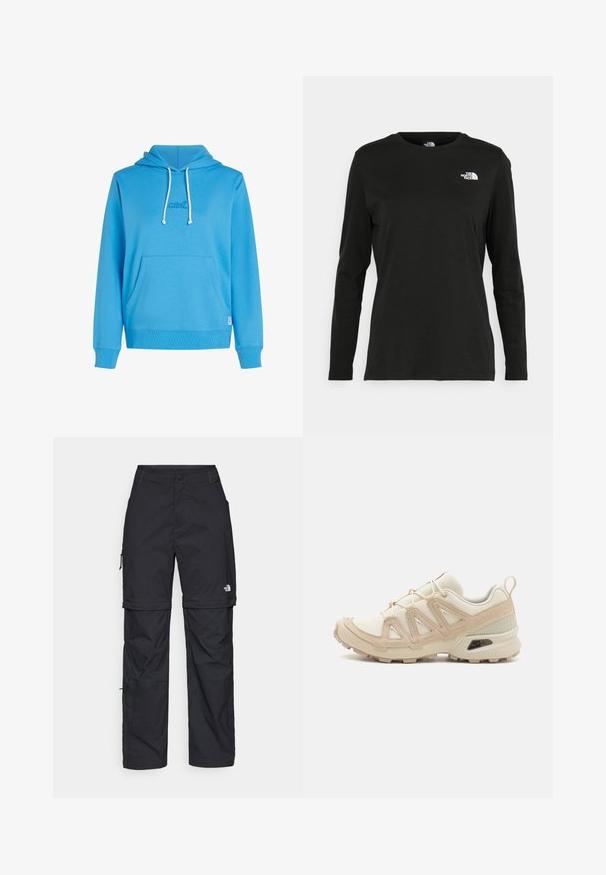 Felpa blu realizzata in un tessuto morbido, dotata di tasca frontale, cappuccio con cordini e un piccolo logo ricamato. Maniche e orlo a coste.; T-shirt nera a maniche lunghe in cotone con colletto rotondo. Presenta un piccolo logo bianco sul lato sinistro del petto. Design semplice e vestibilità comoda.; Pantaloni cargo in nylon nero con zip rimovibile, polsini regolabili, molteplici tasche e un logo sulla gamba destra. Tessuto liscio e leggero.; Scarpa atletica beige e crema con tomaia in mesh testurizzato, sovrapposizioni supportive e suola in gomma con un motivo a tasselli per la trazione.