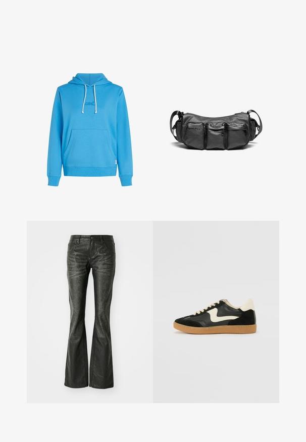 Sweat à capuche bleu en tissu doux, avec une poche avant, un cordon de serrage pour la capuche et un petit logo brodé. Poignets et ourlet côtelés.; Jean flare en simili cuir noir avec poches avant, fermeture à bouton métallique et surface légèrement texturée. Jambe droite avec une coupe longue.; Baskets en daim et cuir noir avec un swoosh latéral crème et un talon crème clair. Dotées de lacets beige et d'une semelle en caoutchouc gomme.; Sac bandoulière en cuir noir avec une finition texturée. Comprend trois poches externes et une bandoulière réglable. Forme compacte et arrondie.