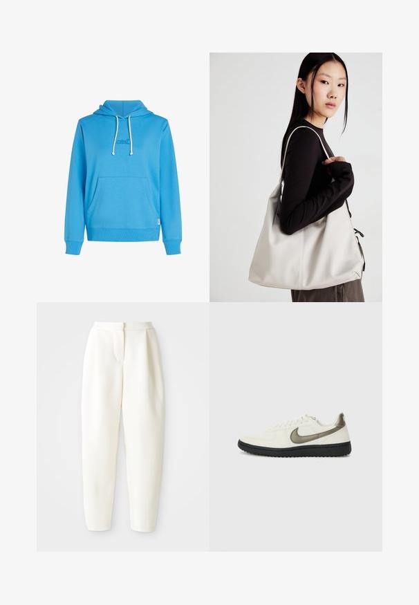 Blue hoodie made of soft fabric featuring a front pocket, drawstring hood, and a small embroidered logo. Ribbed cuffs and hem.; High-waist tapered white pants with a concealed front closure and side pockets, displayed against a plain white background.; Nike Sportswear FIELD GENERAL - Trainers - off-white/black; Beige handbag made of soft material, featuring a slouchy design, stitched detailing, and two shoulder straps. Suitable for everyday use.