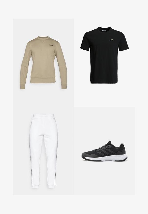 Beige huppari pitkät hihat, ribbaatut hihansuut ja helma. Klassinen pyöreä pääntie ja musta "BORG" logo rinnassa.; Musta puuvillapaita, jossa on pyöreä kaula-aukko, lyhyet hihat ja pieni vihreä krokotiililogo vasemmassa rinnassa. Sileä kuitu, rento muotoilu.; Valkoiset collegehousut, joissa on joustava vyötärö ja mustat sivuraidat sekä hihansuut. Ne ovat valmistettu pehmeästä kankaasta, jolla on sileä pinta.; Musta urheilukenkä, jossa on teksturoidut päälliset, kolme vaakasuoraa raitaa ja valkoinen pohja, jossa on kuvioitu kulutuspinta. Kevyt ja virtaviivainen muotoilu.