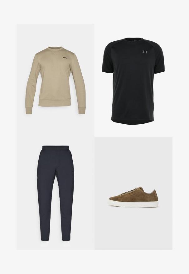 Beige színű pulóver hosszú ujjal, bordázott mandzsettákkal és szegéllyel. Finom kerek nyakkivágással rendelkezik, a mellen fekete "BORG" logóval.; Fekete, rövidujjú sportpóló sima, könnyű anyagból. Kerek nyakkivágással és diszkrét logóval a mellkason.; Fekete sportnadrág sima textúrával, karcsú szabással, rugalmas derékrésszel és oldalzsebekkel. A bal combján egy kis logó található.; Barna velúr sneaker kerek orral, fehér gumitalppal és fűzős rögzítéssel. Finom varrásokkal és alacsony profillal rendelkezik.