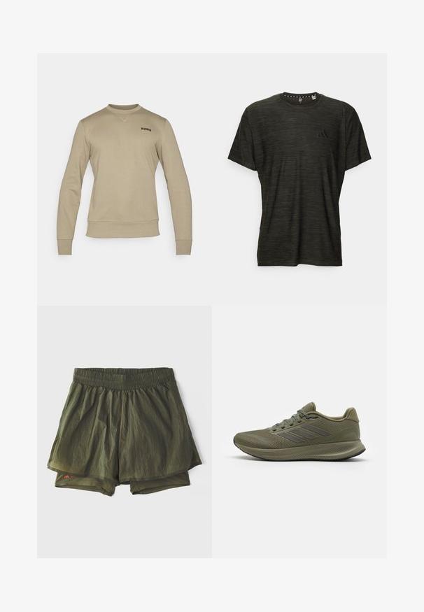 béžová mikina s dlhými rukávmi, rebrovanými manžetami a spodným lemom. Má jemný okrúhly výstrih a čierne logo "BORG" na hrudi.; Tmavozelené tričko s krátkym rukávom s textúrovaným vzorom, okrúhlym výstrihom a malým čiernym logom na hrudi. Rovný spodný lem.; Olivové športové šortky s elastickým pásom, vnútornou podšívkou a perforovanými panelmi pre ventiláciu. Ľahký, neformálny dizajn.; Zelené športové topánky s textúrovaným sieťovinovým zvrškom, tromi šedými pruhmi po bokoch a polstrovanou podrážkou. Obsahujú šnúrky a vypolstrovaný golier.
