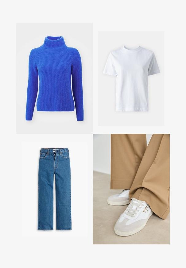 BOSS FALODAN - Pulover - bright blue; Bela bombažna majica s krojem na vratu, kratkimi rokavi, ravnim krojem in gladko teksturo. Brez vzorcev ali okrasnih elementov.; Modre kavbojkaste hlače ravne kroja z visokim pasom, petimi žepi in gumbom za zapiranje. Opazno šivanje in zakovice v bakreni barvi.; Bela sneakerja z zamšastimi detajli, teksturiranimi vezalkami in gumijastim podplatom. V kombinaciji s širokimi svetloplavimi hlačami. Logotip prikazan na strani.