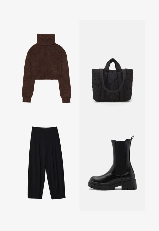 Even&Odd Stickad tröja - brown; Svarta vida byxor i lätt tyg, med framfållningar, en klassisk midja och sidofickor. Slät textur.; Svarta ankelboots med en strukturerad krokodilpräglad yta, elastiska sidopaneler och en kraftig svart sula för ökat grepp och stabilitet.; Svart vadderad tygväska med två stadiga handtag, med en strukturerad tyg med ett diamantmönster för hållbarhet och stil.