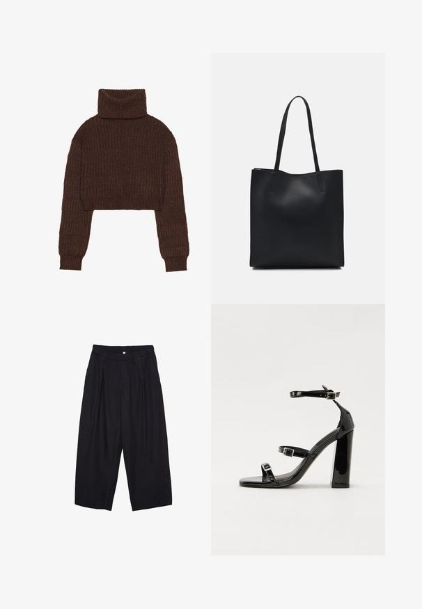 Even&Odd Strickpullover - brown; Schwarze Polyester-Culotte mit einem elastischen Bund, zwei vorderen Falten und einer lockeren Silhouette. Keine sichtbaren Muster oder Hardware-Details.; Schwarze patentierte Sandalen mit Absatz, quadratischer Spitze, Knöchelriemen und silbernen Schnallen. Mit einem stabilen Blockabsatz für mehr Stabilität.; Schwarze Laptoptasche aus Leder mit glatter Textur, rechteckiger Form und zwei langen Griffen. Keine sichtbaren Beschläge oder Verzierungen.