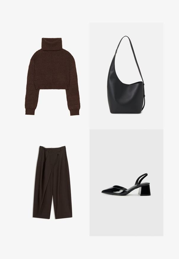 Even&Odd Strickpullover - brown; Dunkelbraune, weite Hosen mit hohem Bund, die über einen einzigen Knopfverschluss und eine gefaltete Vorderseite verfügen. Hergestellt aus leichtem Stoff.; Schwarze Lackleder-Slingback-High Heels mit spitzem Schuh und einem geometrischen Blockabsatz. Verfügt über ein schlankes, minimalistisches Design und eine glatte Textur.; Schwarze Leder-Hobo-Tasche mit einer glatten Textur, geschwungener Form und einem einzelnen verstellbaren Tragegurt; verfügt über eine weite Öffnung am oberen Ende.