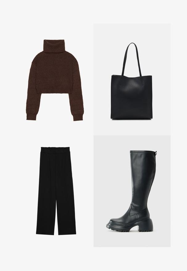 Even&Odd - Sweter; Czarne spodnie typu wide-leg z falbaną w pasie, z dwoma bocznymi kieszeniami i gładkim, lekkim materiałem. Brak widocznych wzorów lub elementów metalowych.; Wysokie czarne skórzane botki z masywną platformą i słupkowym obcasem, z uchwytem i teksturowanym bieżnikiem na podeszwie.; Czarna skórzana torba tote o gładkiej fakturze, prostokątnym kształcie i dwóch długich uchwytach. Brak widocznych elementów metalowych i ozdób.