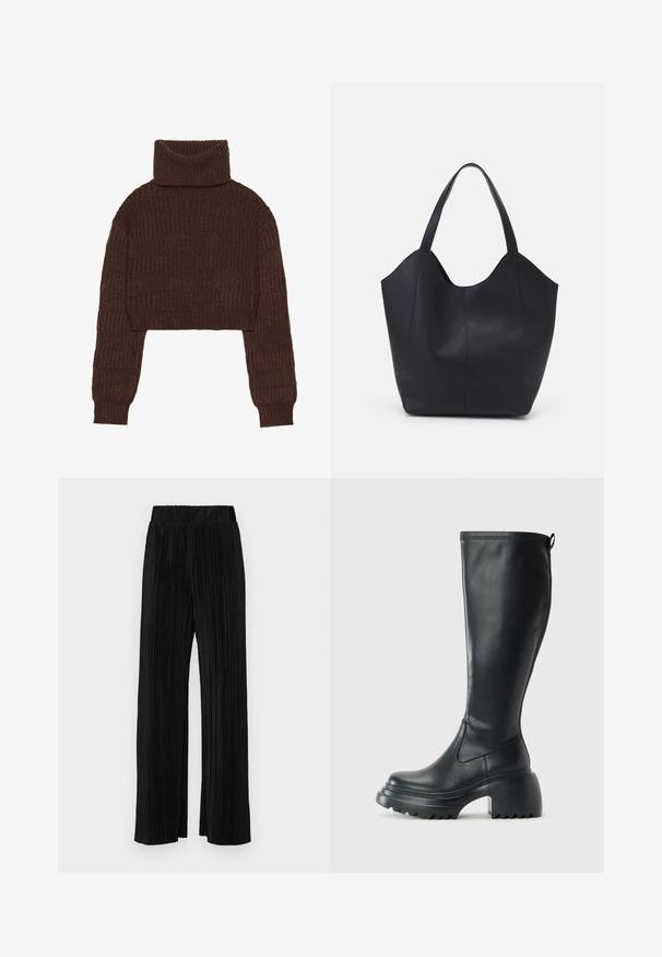 Even&Odd Pulóver - brown; Fekete pliszírozott nadrág gumis derekkal. Széles lábakkal rendelkezik, sima, texturált anyagból készült, függőleges csíkokkal.; Magas fekete bőrcipő, vastag platform talppal és blokk sarokkal, húzófüllel és texturált profillal az outsole-on.; Fekete tote táska sima bőrből, ívelt, nyitott tetővel és két vállpánttal, minimális dizájnnal.