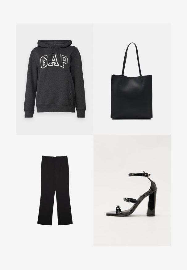 Felpa grigia scura in tessuto morbido con tasca a marsupio, cappuccio con cordino e grande logo bianco "GAP" sul davanti.; Pantaloni neri a gamba dritta, con tasche frontali e spacchi laterali all'orlo. Realizzati in tessuto morbido e liscio. Adatti a diverse occasioni.; Sandali con tacco in vernice nera, con punta squadrata, cinturini alla caviglia e fibbie in argento. Presentano un tacco a blocco spesso per maggiore stabilità.; Borsa tote in pelle nera con texture liscia, forma rettangolare e due manici lunghi. Nessun hardware o decorazione visibile.
