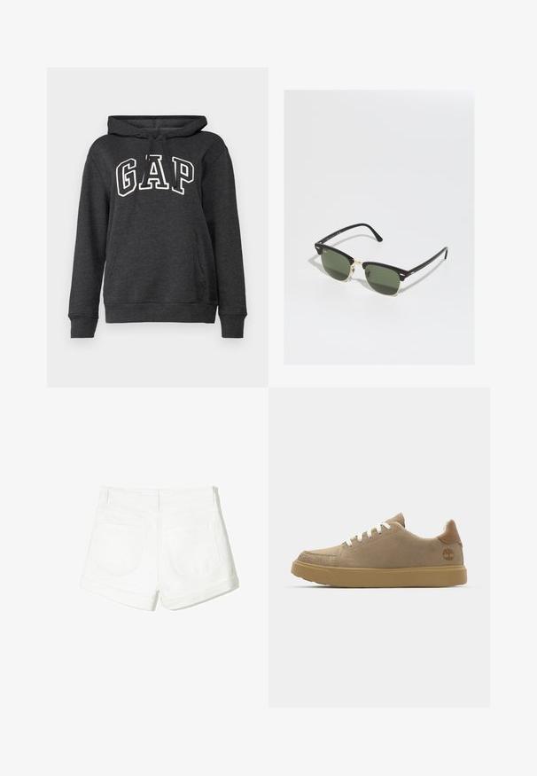 Tummanharmaa huppari, joka on valmistettu pehmeästä kankaasta ja jossa on kengurupocket, nauhakuulokkeet ja suuri valkoinen "GAP"-logo edessä.; Valkoiset farkkushortsit, joissa on käännetty helma, kaksi takataskua ja sileä pinta. Yksinkertainen muotoilu ilman näkyviä metalliosia tai kuvioita.; Beige mokkasiner med hvite snørebånd, en gummi brun såle og en brun lær kant med logo på siden.; Mustasilmäiset aurinkolasit kultaisilla yksityiskohdilla, joissa on vihreät linssit. Lasit ovat kissamaiset ja niissä on metalliset yksityiskohdat sekä teksturoitu kehys.