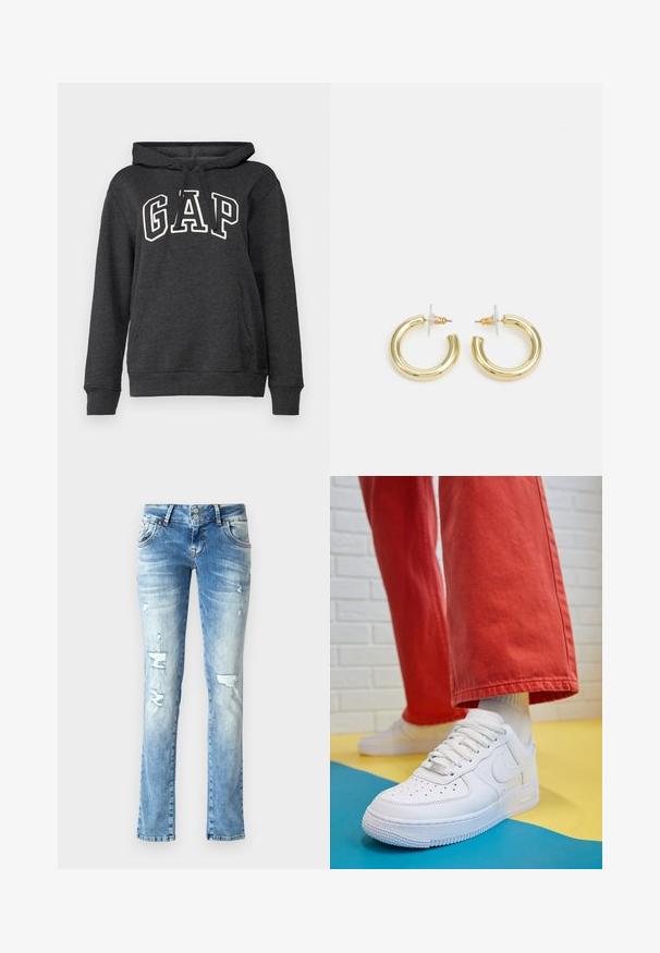 Tamno sivi dukserica od mekanog materijala s kenguruh džepom, kapuljačom na vezanje i velikim bijelim "GAP" logotipom sprijeda.; Svijetloplavi traperice s opuštenim krojem, s detaljima istrošenosti, dugmetom na zatvaranju s dva gumba i ravnim nogavicama.; Bijele kožne tenisice s perforiranim prednjim dijelom, teksturiranim đonom i bijelim vezicama, u kombinaciji s širokim crvenim hlačama i plavo-žutom pozadinom.; Zlatne kružne naušnice s glatkom, sjajnom završnom obradom. Kružni dizajn s malom potporom i prozirnom podlogom za sigurno nošenje.