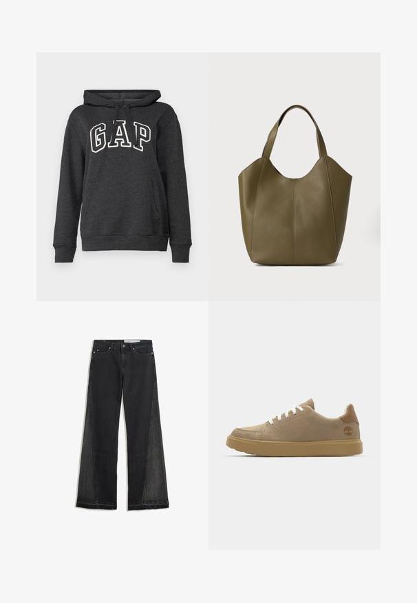 Temno siva kapuca iz mehkega blaga, ki ima kenguru žep, kapuco na vrvico in velik bel logotip "GAP" na sprednji strani.; Široke hlače iz črnega denima s strganim robom. Imajo kontrastne stranske panele in standardno pet-pocket obliko. Zapiranje na gumb in zadrgo.; Bež nubuk superge z belimi vezalkami, gumijastim tanjšim podplatom in rjavim usnjenim okrasom na peti, ki vsebuje logotip na strani.; Olivnozeleno usnjeno torbico z dvema naramnicama, gladke teksture in zasnovo s štirimi paneli. Ojačano šivanje ob šivih za dolgotrajnost.