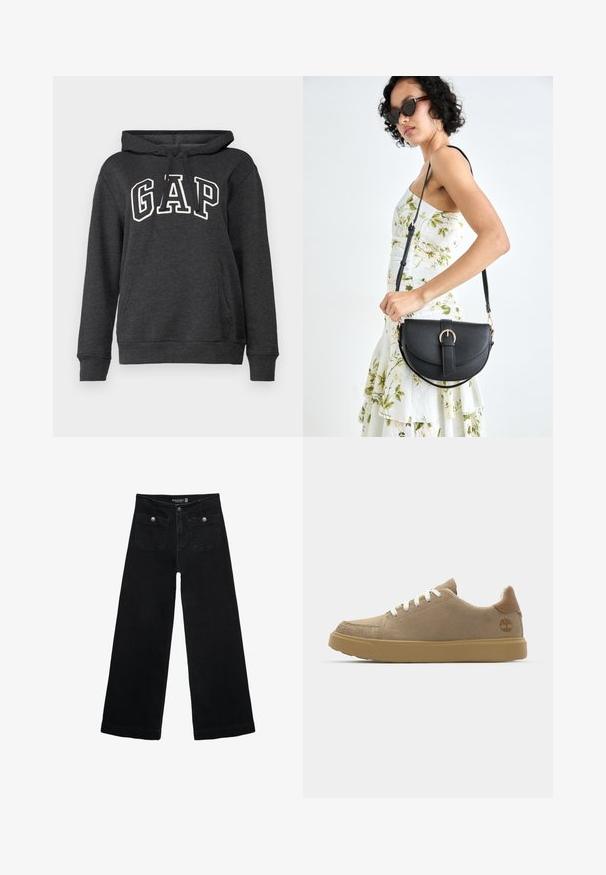 Tummanharmaa huppari, joka on valmistettu pehmeästä kankaasta ja jossa on kengurupocket, nauhakuulokkeet ja suuri valkoinen "GAP"-logo edessä.; Mustat leveälahkeiset farkut korkean vyötärön kanssa, joissa on kaksi etutaskua ja metalliset nappikoristeet. Kangas on sileä.; Beige mokkasiner med hvite snørebånd, en gummi brun såle og en brun lær kant med logo på siden.; Musta nahkainen käsilaukku, joka on kaareva muotoilultaan, irrotettavalla hihnalla ja kultaisilla yksityiskohdilla. Laukussa on läppä, jossa on solk yksityiskohta.