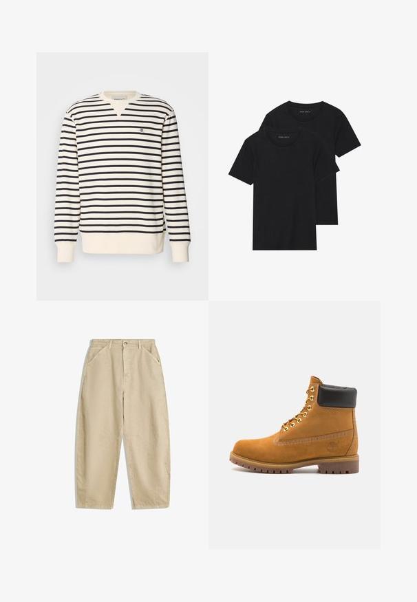 Sweatshirt cu mâneci lungi, cu un decolteu în formă de V. Prezintă dungi alternante de culoare bleumarin și crem, precum și un mic logo brodat pe piept. Material din amestec de bumbac.; Două tricouri negre din bumbac cu mâneci scurte, cu guler rotund și o textură netedă, expuse suprapuse.; Pantaloni bej din bumbac, cu croială largă și talie înaltă, având buzunare frontale și închidere cu nasture în față. Textură netedă cu cusături curate.; Cizmă de gleznă din întoarsă de culoare bej, cu guler negru căptușit, ochiuri din metal auriu, detalii de cusătură albă și talpă din cauciuc robustă, cu un model pronunțat.