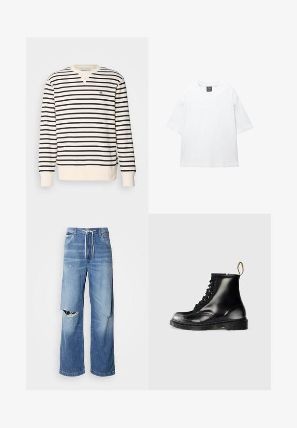 Felpa a manica lunga con scollatura a V. Presenta strisce alternate di colore blu navy e crema, e un piccolo logo ricamato sul petto. Materiale in misto cotone.; T-shirt bianco a maniche corte in cotone, con scollatura rotonda e vestibilità rilassata con orlo dritto. Nessun motivo o decorazione.; Jeans in denim blu chiaro con una vestibilità morbida, dotati di un cinturino bianco con lacci e distinti strappi sulla parte anteriore, che mostrano bordi sfilacciati.; Stivali neri in pelle fino alla caviglia con una finitura lucida, otto asole, lacci neri e un manico. Presentano una suola a carrarmato texturizzata.