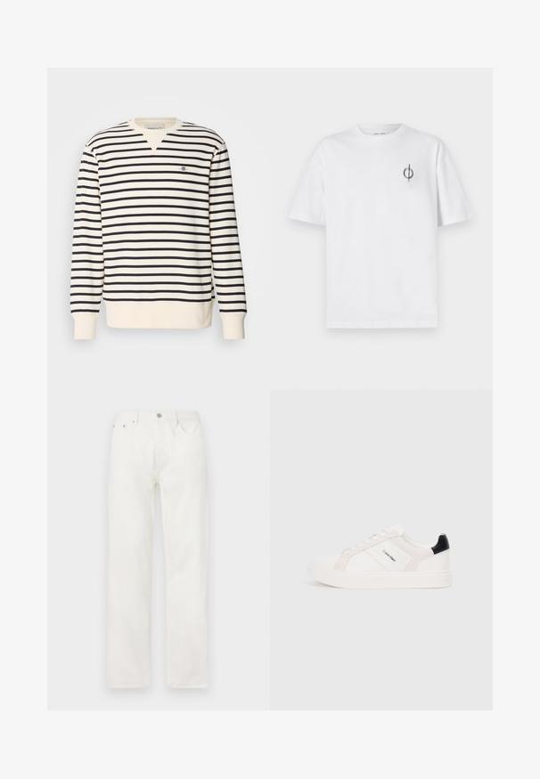 Hosszú ujjú pulóver V-dekoltázzsal. Váltakozó sötétkék és krémszínű csíkokkal rendelkezik, és egy kis hímzett logó található a mellkasán. Pamut keverék anyag.; Fehér pamut póló laza szabással, kis fekete grafikai logóval a bal mellen. Rövid ujjak, kerek nyakkivágás.; Fehér farmernadrág egyenes lábbal, gombos és cipzáras záródással, öt zsebes kialakítással, és látható minták vagy díszítések nélkül.; Fehér sportcipők világos rózsaszín és fekete részletekkel, sima bőrből és velúrból készült panelek, kerek orr és lapos gumitalp.