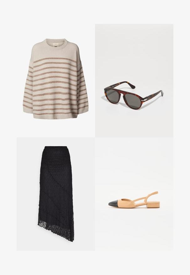 Lichtbeige trui met brede, horizontale bruine strepen. Heeft een ronde hals en verlaagde schouders. Zachte textuur met ribbelboord.; ONLY ONLKIM LACE SKIRT - Maxirok - black; Beige leren slingback ballerina's met een zwarte puntneus, een kleine blokhak en kruislings straps aan de zijkant. Soepele textuur.; schildpadbril met grijze glazen. Glad plastic frame, ronde vorm, metalen accenten op de tempels. Lichtreflecterend oppervlak.