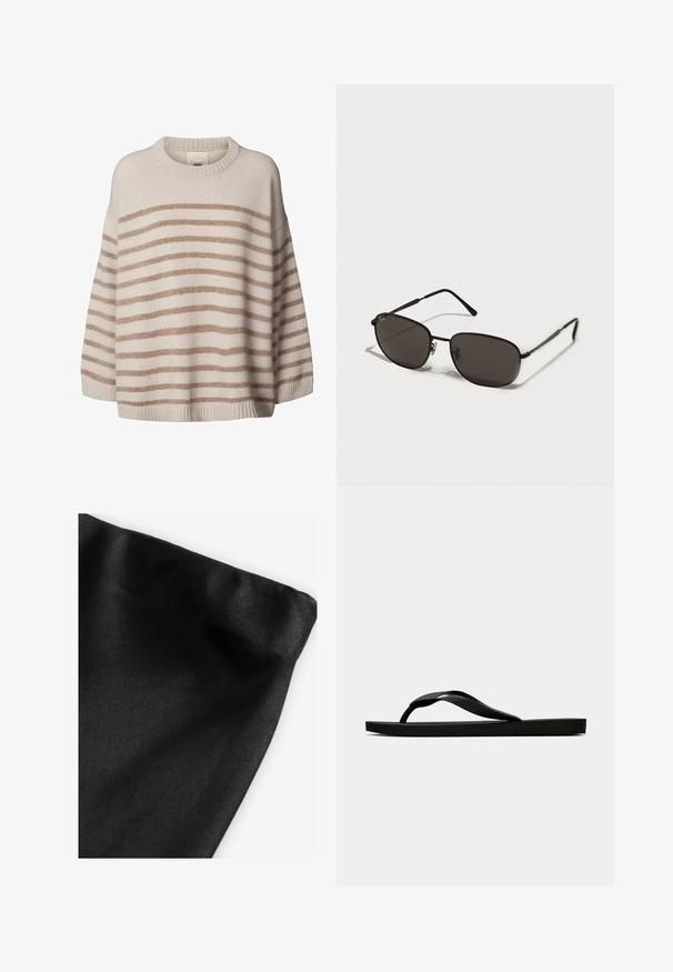 Suéter de color beige claro con amplias franjas horizontales marrones. Presenta un escote redondo y hombros caídos. Textura suave con dobladillo acanalado.; Tela negra con una textura suave, que presenta un borde doblado. El material muestra un ligero brillo y una superficie uniforme sin patrones ni acentos.; Chancla de goma negra con una tira de dedo texturizada y una suela plana sencilla, vista de lado sobre un fondo claro y liso.; Gafas de sol de metal negro con montura ovalada, lentes oscuros, varillas delgadas y un logo sutil en el lente izquierdo. Diseño elegante y minimalista.