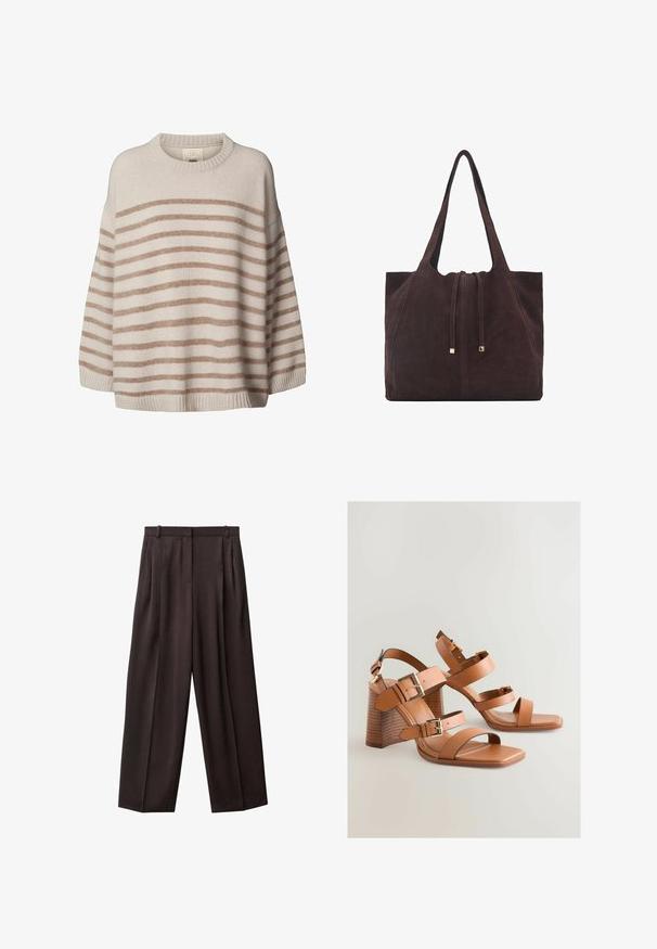 Svetlobežový sveter s širokými horizontálnymi hnedými pruhmi. Má okrúhly výstrih a znížené ramená. Mäkka textúra s rebrovaným lemom.; Široké nohavice z tmavohnedého materiálu. Medzi vlastnosti patrí záhyby na prednej strane, pás s pútkami na opasok a bočné vrecká. Hladká textúra.; Hnedé kožené sandále na vysokom podpätku s viacerými popruhmi, zlatými kovovými doplnkami a šikmým blokovým podpätkom. Hladká textúra, otvorený dizajn špičky.; Mango Veľká kabelka - dark brown