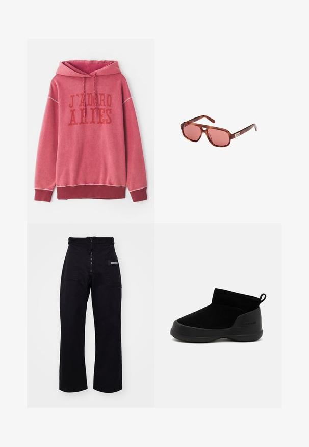 Felpa rossa con cappuccio, caratterizzata da testo stampato "J'ADORE ARIES" in rosso scuro. Polsini e orlo a costine con un tessuto morbido e texture.; Pantaloni cargo neri a gamba larga, con chiusura a zip e Velcro, dotati di due tasche frontali e una tasca laterale con un dettaglio hardware rettangolare.; Stivaletti neri alla caviglia con tomaia in suede liscio e suola in gomma, caratterizzati da un design minimalista e un'impugnatura sul retro per facilitarne l'indossamento.; Occhiali da sole tartaruga marrone con lenti rosa. Caratterizzati da un design angolare e dal logo del marchio "GCDS" in bianco sulla tem prop.