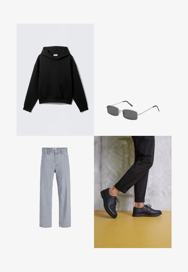 Schwarzer Kapuzenpullover aus weichem Stoff, mit einer Fronttasche und gerippten Bündchen. Lockere Passform mit klassischem Design.; Helle blaue Jeans aus Denim mit lockerer Passform, geradem Bein, sichtbaren Nähten, zwei vorderen Taschen und einem Knopfverschluss.; Schwarze Lederschuhe mit Schnürsenkeln, abgerundeter Zehe und strukturierter Gummisohle. Getragen zu gekürzten schwarzen Hosen, vor einer Betonwand.; Rechteckige Sonnenbrille mit dunkelgrauen Gläsern, dünnem silbernen Metallrahmen und schwarz gummierten Bügelspitzen. Minimalistisches Design.