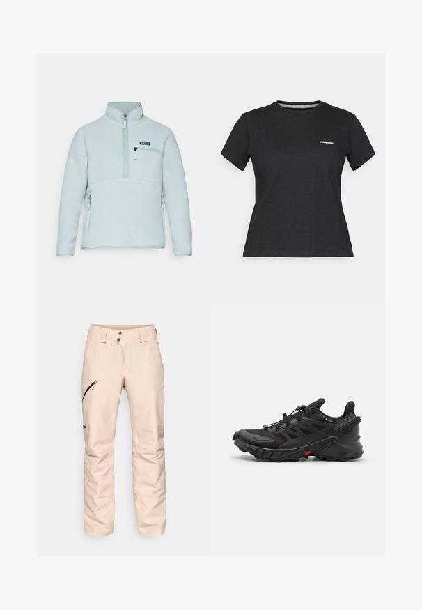 Patagonia RETRO MARSUPIAL - Polárpulóver - thermal blue; Fekete pamut póló kerek nyakkivágással és rövid ujjakkal. Az előtt a bal mellrészen egy fehér "Patagonia" logó található.; Beige hó nadrág sima textúrával, cipzáras oldalsó zsebbel és megerősített szegélyekkel. Két gombbal záródik ésformázott térddel rendelkezik.; Fekete sportcipők textúrált felsőrésszel, biztonságos fűzőrendszerrel, párnázott talppal és szembeötlő piros akcentussal az oldalon.