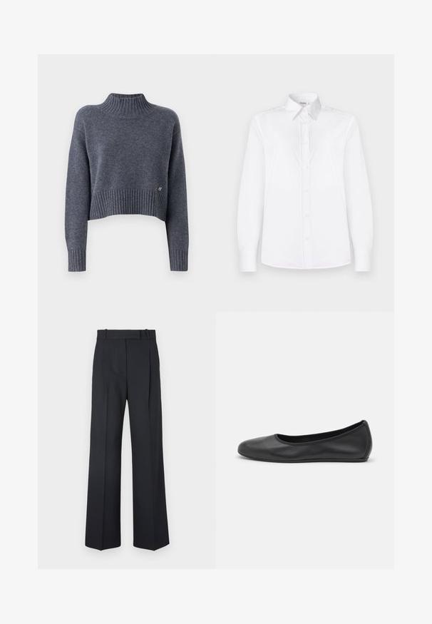 Mørk grå kort genser laget av mykt stoff, med høy ribbestrikket hals og ribbestrikket kant, med en liten sølvlogo på siden.; Hvit langermet skjorte laget av glat stoff, med kragehals og knapplukking foran med lyse rosa knapper.; Mørkeblå stripete bukser med høy midje, vid bendesign, og uten synlige detaljer eller utsmykninger. Glatt tekstur og skreddersydd passform.; Svart skinnballettflatt med rund tå, glatt tekstur, minimal sømdetalj, og et fleksibelt såledesign.