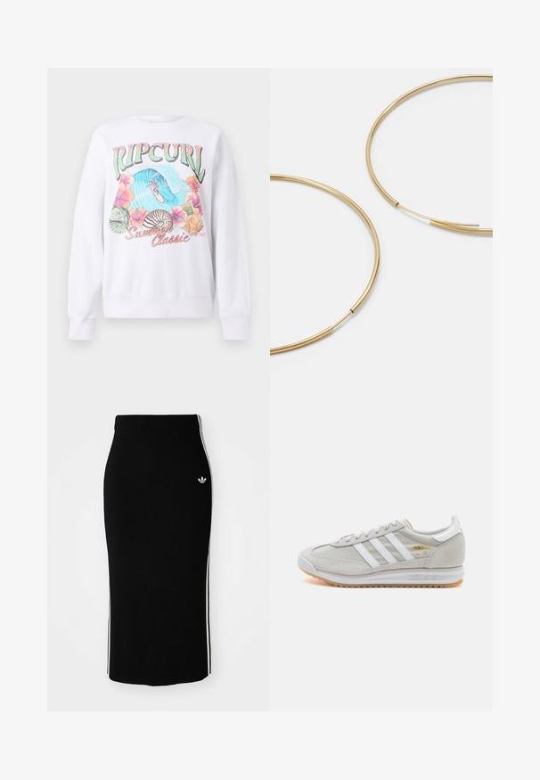 Felpa bianca con una stampa grafica colorata che presenta "Ripcurl" in cima, fiori tropicali e una scena di surf. Fit dallo stile classico.; Gonna midi nera a costine con una vestibilità aderente, caratterizzata da righe laterali bianche e un piccolo emblema bianco sul lato sinistro.; Sneaker grigio chiaro realizzato in suede e rete, con tre strisce bianche, punta arrotondata e suola in gomma color caramello. Accento del logo dorato vicino ai lacci.; Orecchini a cerchio color oro, sottili e rotondi, con una finitura metallica liscia e senza decorazioni o motivi.