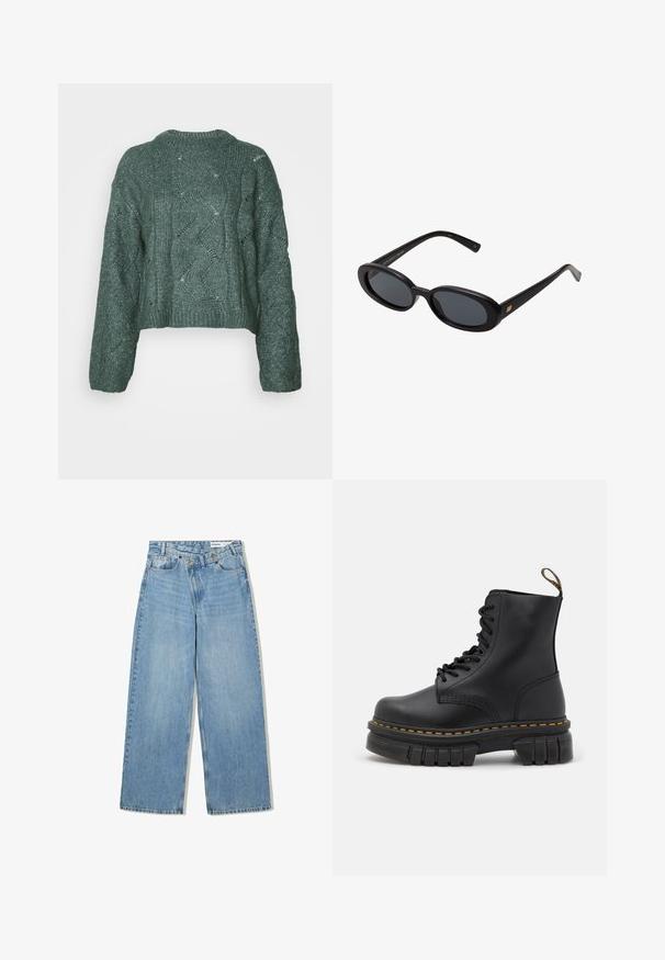 Lyhyt vihreä neule, jossa on teksturoitu neulekuvio, aaltoilevia muotoja ja ribbireunat. Pitkät hihat ja rento malli.; Vaaleansiniset leveälahkeat farkut, joissa on korkea vyötärö, viisi taskua, nappikiinnitys ja hienovarainen kuluminen tekstuurin lisäämiseksi.; Mustat nahkasaappaat, joissa on paksu pohja, keltainen tikkaus, pyöristetty kärki ja takana kantanaru helppoa pukemista varten.; Mustat ylisuuruiset aurinkolasit, jotka ovat soikeat linssit, sileä muovikehys ja kultaiset korostukset temppeleissä. Tummat linssit tarjoavat suojaa auringolta.; Pehmeä ruskea hobo-tyylinen käsilaukku, jossa on yksi leveä olkahihna ja kaareva yläosan aukko, esitelty valkoista taustaa vasten.