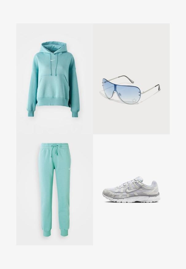 Tyrkysová mikina s kapucí, s klokaní kapsou, manžetami a lemem s žebrovaným vzorem. Obsahuje malé bílé logo Nike na hrudi.; Mátově zelené tepláky s elastickým pasem, stahovací šňůrkou a žebrovanými manžetami. Obsahují malé bílé logo Nike na levém stehně.; Světle šedé sportovní boty s vrchní částí z síťoviny a syntetického materiálu, vybavené šněrováním, polstrovaným límcem a texturovanou podrážkou pro lepší přilnavost.; Pilotské sluneční brýle s modrými gradientními skly, stříbrným kovovým rámem a dekorativními hvězdnými akcenty na sklech. Hladký a elegantní design.