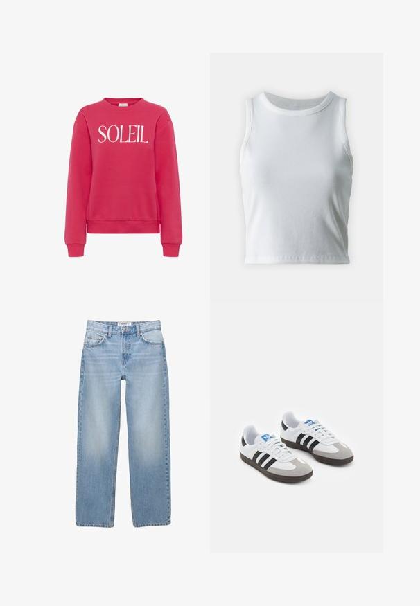 Kaffe Sweatshirt - raspberry; Débardeur blanc côtelé avec un décolleté rond et sans manches, présentant un ourlet droit et une texture lisse et extensible.; Jean en denim bleu clair avec une coupe droite, style cinq poches et des détails de couture visibles. Le tissu a une texture douce et légèrement décolorée.; Baskets avec une tige en cuir blanc, un bout en daim gris et trois bandes noires. Présente un logo bleu sur la languette et une semelle en caoutchouc texturée.