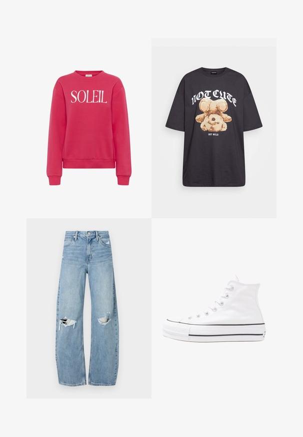 Kaffe - Bluza; Czarny, oversize t-shirt z grafiką niedźwiedzia i napisem „NIE UROCZY, ALE DZIKI” w grubej, białej czcionce. Materiał bawełniany.; Jasnoniebieskie, wysokiej talii dżinsy wykonane z denimu. Posiadają szerokie nogawki, dwa podarte miejsca na kolanach oraz klasyczne pięć kieszeni.; Białe wysokie trampki z płótna z czarną gumową podeszwą, przednim czubkiem z gumy i sześcioma dziurkami na sznurowadła, charakteryzujące się prostym, minimalistycznym designem.