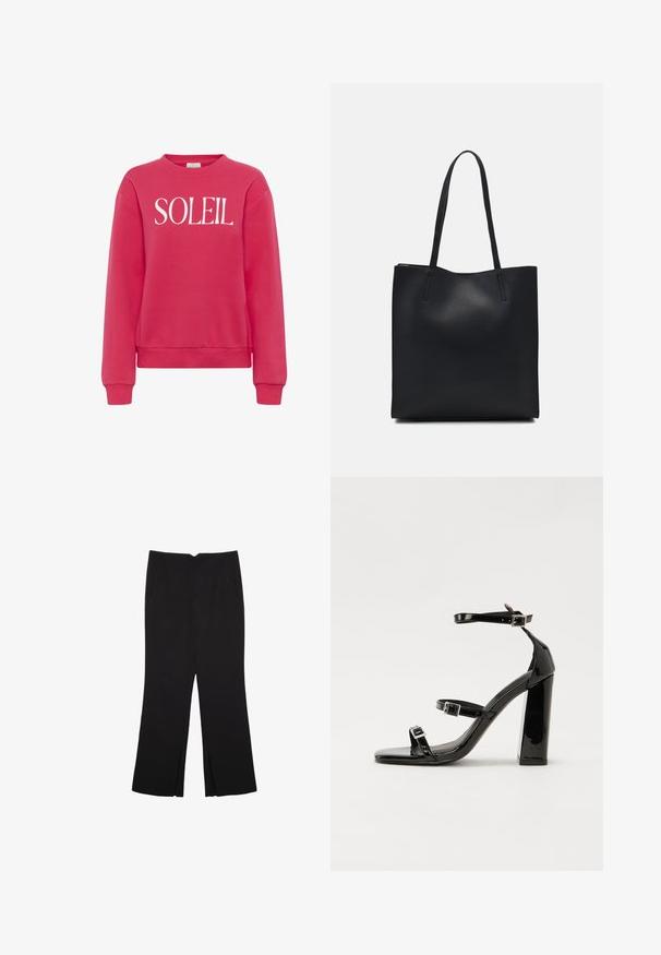 Kaffe Felpa - raspberry; Pantaloni neri a gamba dritta, con tasche frontali e spacchi laterali all'orlo. Realizzati in tessuto morbido e liscio. Adatti a diverse occasioni.; Sandali con tacco in vernice nera, con punta squadrata, cinturini alla caviglia e fibbie in argento. Presentano un tacco a blocco spesso per maggiore stabilità.; Borsa tote in pelle nera con texture liscia, forma rettangolare e due manici lunghi. Nessun hardware o decorazione visibile.