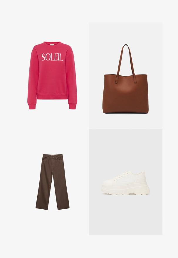 Kaffe Sweatshirt - raspberry; Wide-leg brown jeans made of denim, featuring a high waist, front pockets, and a classic button closure. Smooth texture with subtle stitching.; White canvas sneaker with a chunky sole, rounded toe, and five eyelets for laces. Back tab for easy wear. Smooth texture, minimalist design.; Brown leather tote bag with a smooth texture, open top design, and two shoulder straps. Features minimal stitching and no visible hardware.