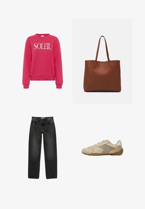 Kaffe Sweatshirt - raspberry; Sort denim jeans med en afslappet pasform, lige ben, fem-lomme design og en let falmet tekstur. Knap- og lynlåslukning foran.; Beige atletiske sko med en overdel i ruskind og mesh, tekstureret gummisål og flade snørebånd. Glatte detaljer ved hælen med en afrundet tådesign.; Brun læder tote taske med en glat overflade, åben topdesign og to skulderremme. Har minimal syning og ingen synlig hardware.