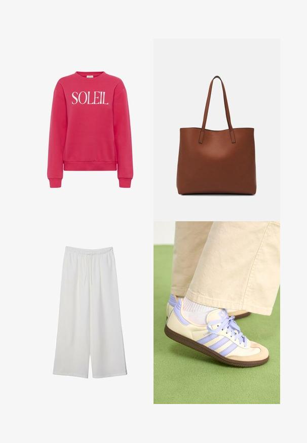 Kaffe Sweatshirt - raspberry; White wide-leg trousers made of lightweight fabric, featuring an elastic waistband and a drawstring for adjustable fit. Smooth texture.; Cream and lavender sneakers with three stripes and a textured brown sole, featuring laces and a padded heel. Soft fabric upper.; Brown leather tote bag with a smooth texture, open top design, and two shoulder straps. Features minimal stitching and no visible hardware.