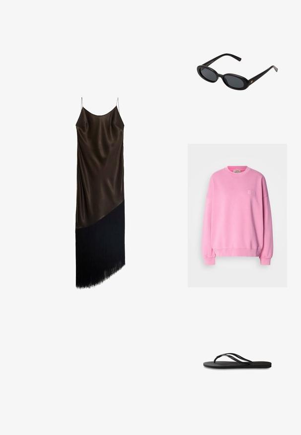 Rosa sweatshirt i bomull med rund hals, långa ärmar, ribbade muddar och en liten logotyp broderad på bröstet.; Satin halterneckklänning i mörkbrun, med en kroppsnära design och en asymmetrisk nederkant samt svart fransdetalj.; Svart flip-flop med en texturerad gummisula, två slanka remmar och en subtil, präglad logodetalj på remmen.; Svarta överdimensionerade solglasögon med ovala linser, slät plastbåge och guldaccent på bågarna. Mörka linser ger solskydd.; Blå handväska i konstläder med triangelform, ett topphandtag och justerbar axelrem. Har en slät yta och detaljer med framflik.