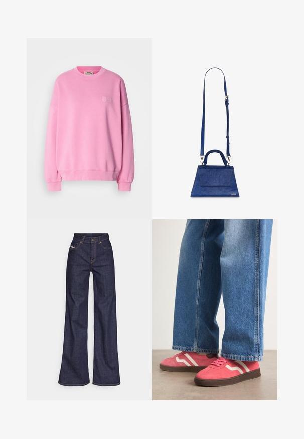 Sweatshirt rose en coton, avec un col rond, des manches longues, des poignets côtelés et un petit logo brodé sur la poitrine.; Jeans ample bleu foncé en denim avec taille haute, ornés de surpiqûres orange, d'un design à cinq poches et d'une fermeture à bouton.; Baskets en suede rose avec des rayures blanches ondulées et des semelles en caoutchouc marron, associées à un jean en denim light blue à jambes larges.; Sac à main en simili cuir bleu de forme triangulaire, avec une poignée supérieure et une bandoulière réglable. Il présente une texture lisse et un détail de rabat à l'avant.