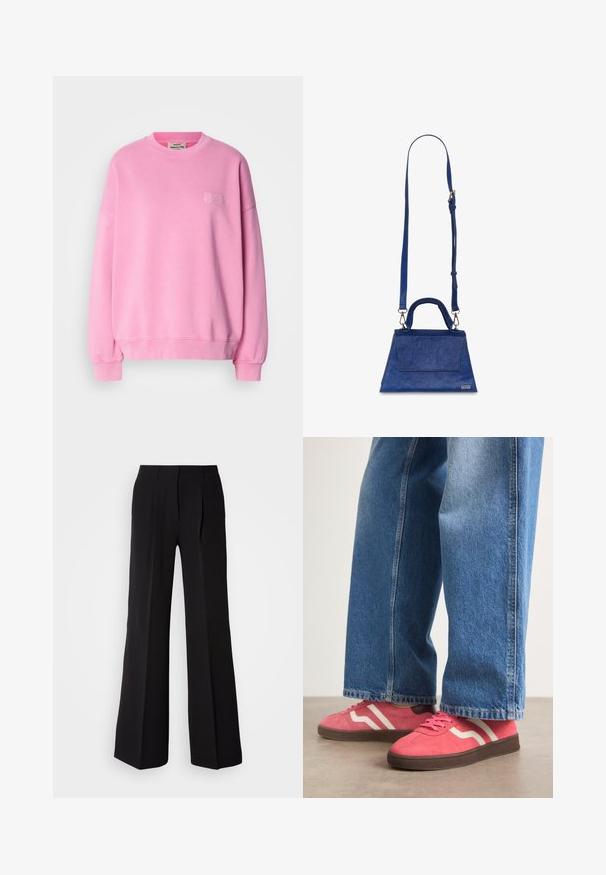 Sudadera rosa de algodón, con cuello redondo, mangas largas, puños de canalé y un pequeño logo bordado en el pecho.; Pantalones negros de tejido suave, con cintura alta, silueta de pierna ancha y dos pliegues frontales para añadir detalle de diseño.; Zapatillas de ante rosa con rayas blancas onduladas y suelas de goma marrón, combinadas con unos vaqueros de pierna ancha de color azul claro.; Bolso de mano de imitación piel azul con forma triangular, asa superior y correa de hombro ajustable. Presenta una textura suave y detalle de solapa en la parte frontal.