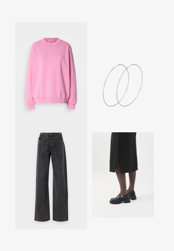 Lyserød sweatshirt lavet af bomuld, med rund hals, lange ærmer, ribbede manchetter og et lille logo broderet på brystet.; Noisy May NMJANNEL LOOSE - Jeans Relaxed Fit - black denim; Sorte lædersko med rund tå, kraftig blokhæl og elastiske sideaccentuer, parret med mørke strømpebukser og en sort nederdel med slids.; Sølvøreringe med et minimalistisk design. Cirkulær form, glat tekstur og tynd profil. Letvægtige med en poleret overflade.