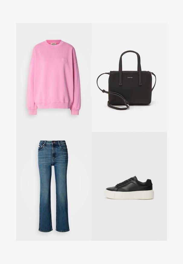 Roza pulover iz bombaža, z okroglim izrezom, dolgimi rokavi, rebrastimi manšetami in majhnim izvezenim logotipom na prsih.; Visoko pasne modre jeans hlače iz denima, s straight leg dizajnom, rahlim bledenjem in standardnim gumbom ter zadrgo.; Črne usnjene superge z zaobljenim prstom, belim platformskim podplatom in črnimi vezalkami. Imajo subtilen logotip na peti in gladko teksturo.; Črna torbica z dvema kratkima ročajema in odstranljivim naramnim trakom. Gladek usnju podoben material z zadrgo in podrobnostmi z logotipom.